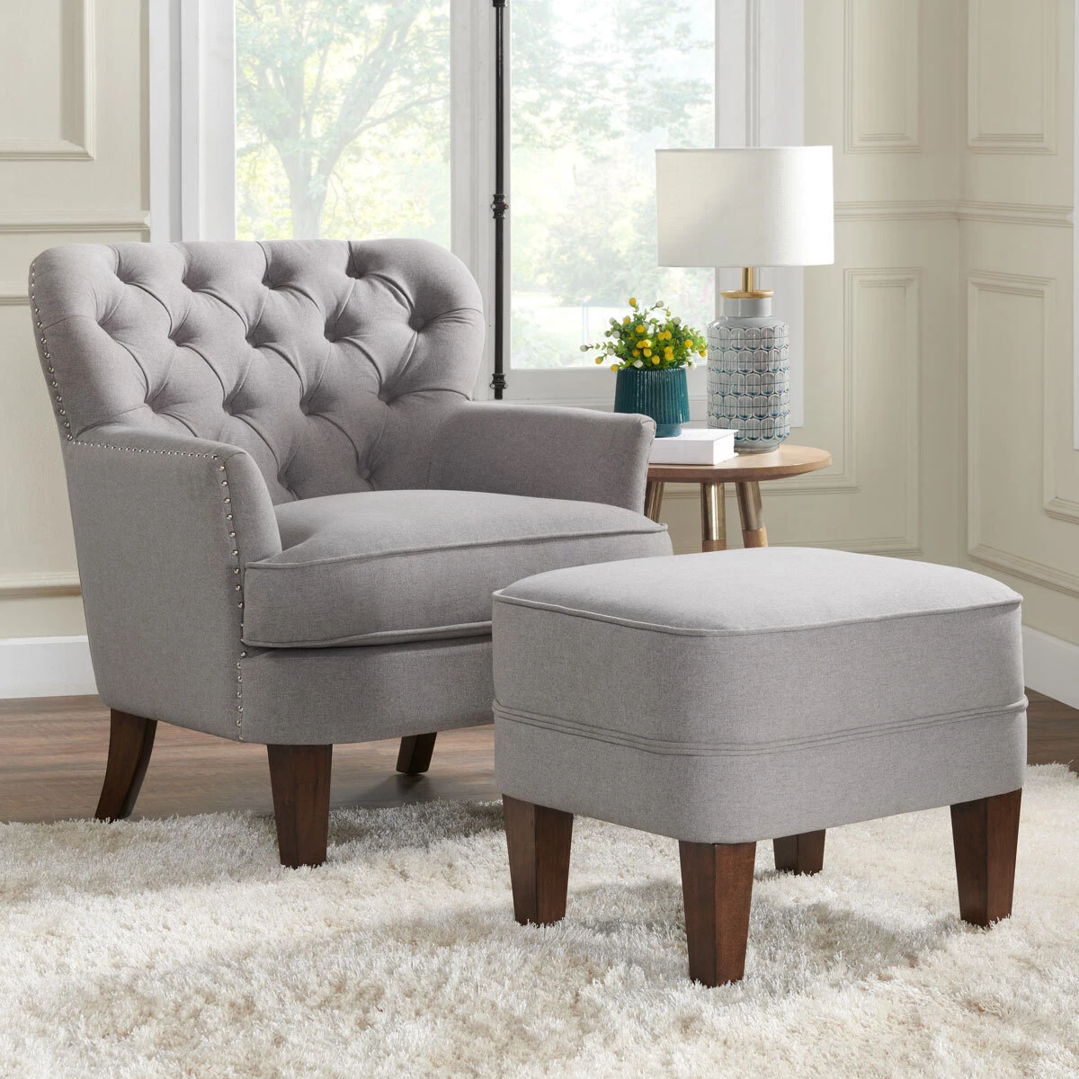 Grey club chair with ottoman deals