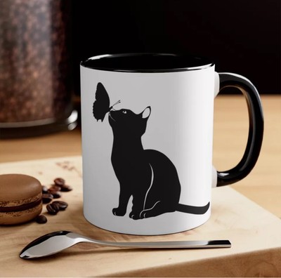 Keramik Akzent Kaffeebecher, 11 Unzen mit Farbe innen Geschenk KATZE + SCHMETTERLING Katzenliebhaber