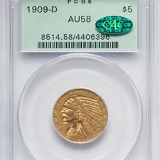 1909-D $5 GOLD PCGS AU58 CAC OGH old green holder Indian half eagle