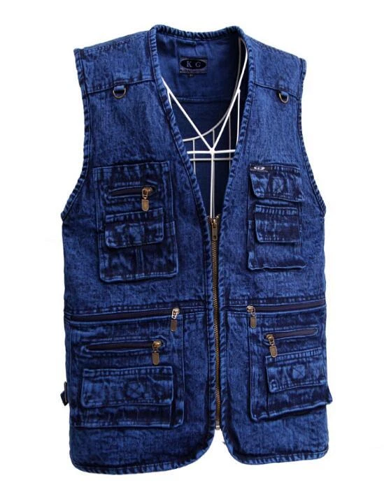 New Men's Outdoor Vest Denim Waistcoat Jacket fastener Multi-Pocket Jean coat - Image 2 of 4