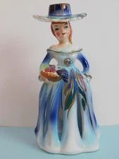Vtg. Artmark Lady Candle & Napkin Holder - Blue with Basket
