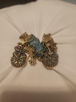 Whimsical Frog Riding Bicycle Brooch  Rhinestone Crystal with Lil Frog with Seat