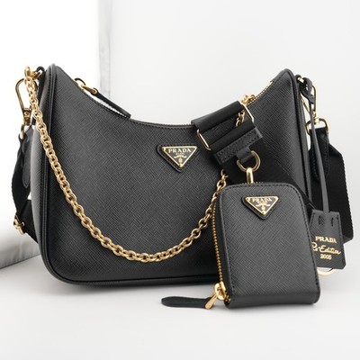* PRADA Re-Edition 2005 Black Gold Saffiano Leather Shoulder Bag with Pouch