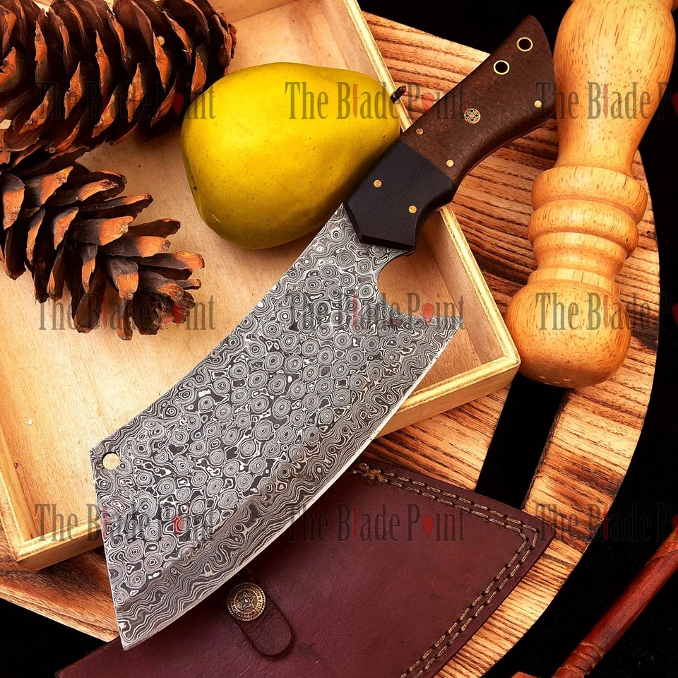 Handmade Damascus Steel Butcher Knife - Chef Cleaver Knife with Leather Sheath - Image 2 of 4
