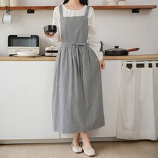 Printed/Striped Adjustable Drawsrting Apron with Pockets,Women's Long Smock
