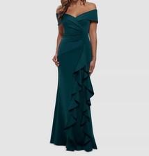 Xscape Women's Green Solid Ruffled Off-Shoulder Gown Dress Size 8