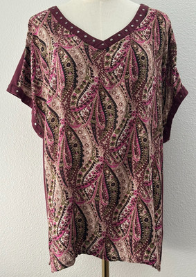 Lee Paisley Tunic Top Womens 2X Studded V Neck Burgundy Boho Western Rodeo