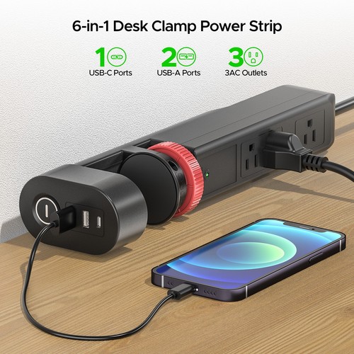 Desk Clamp Power Strip,with USB-C,1020JFlat Plug, 6FT Cord,ETL Listed (15A/1875W - Picture 6 of 15