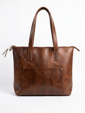 Genuine Pull Up Leather Tote Bag Zipper Work Laptop Shoulder Purse Pocket Brown