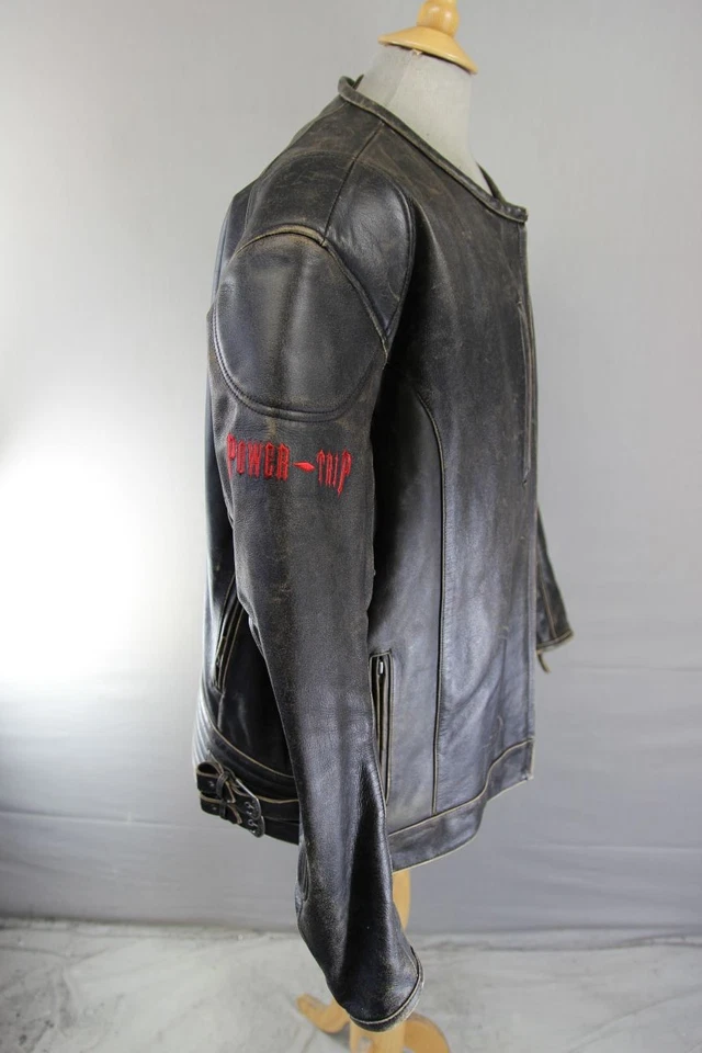 CHAQUETA MOTERA POWER TRIP MARRÓN Y PLATA CUERO ENVEJECIDO + FORRO TÉRMICO 52"/3XL Foto 2 de 4