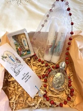 Religious gift kitLourdes holy water from grotto of Massabielle,  candles,rosary