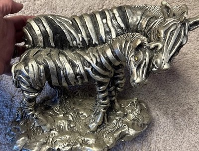 ZEBRA & FOAL, Large L12'' Mixed Metal Animal Sculpture, Signed E. VARGAS Vintage