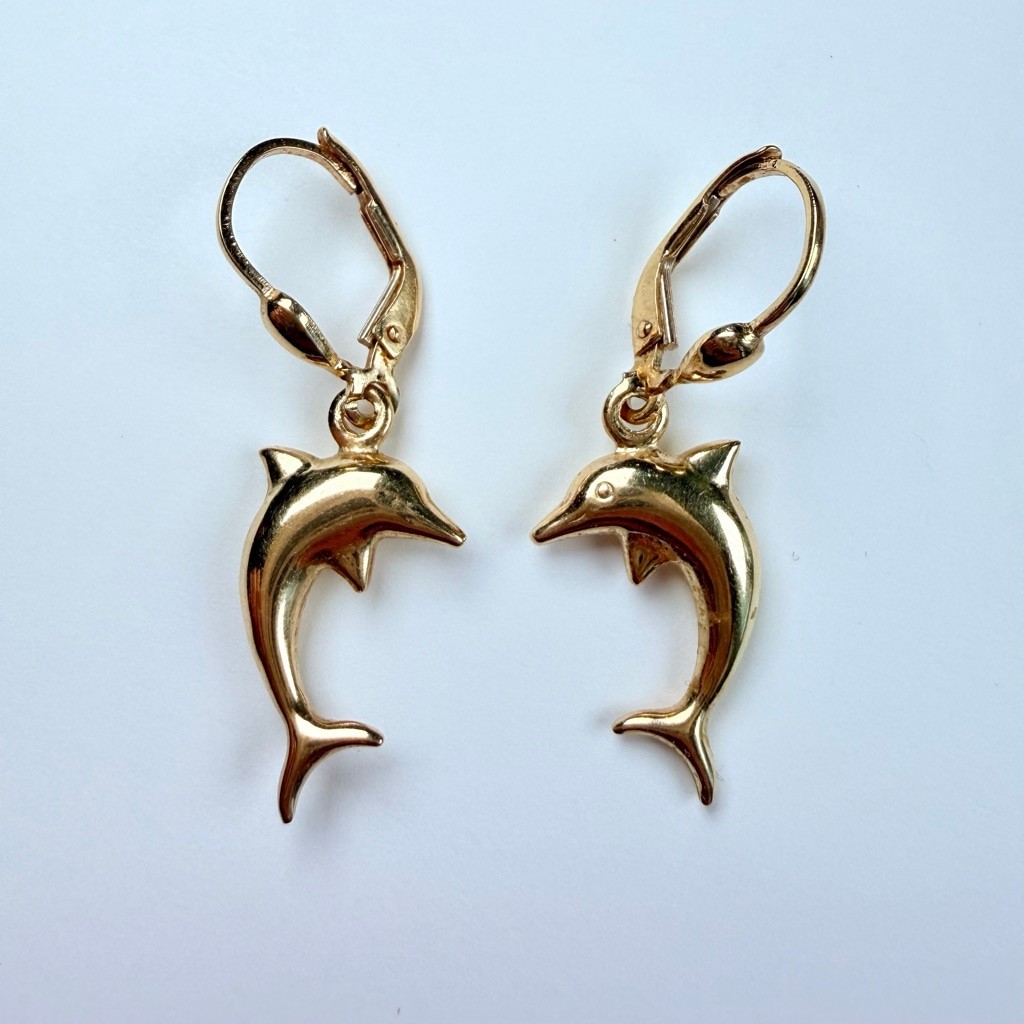 14K Solid Yellow Gold Jumping Dolphin Leverback 1… - image 1