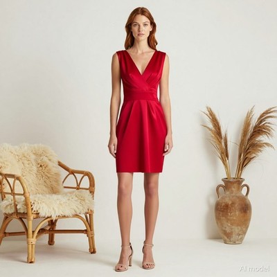 Evening Glam Knee Length Dress Red Satin Sheath V-Neck Sleeveless Stretch US 12