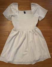White Tiered Babydoll Sun Dress Medium Above Knee Flared A Line Puffed Sleeve