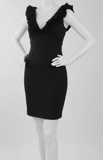 Siena Women's Black Double Ruffle V-Neck Sleeveless Stretch A-Line Dress Size-6.
