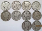 1917 to 1945 P, D & S Silver Mercury Dime set, 10 Different Circulated Dimes