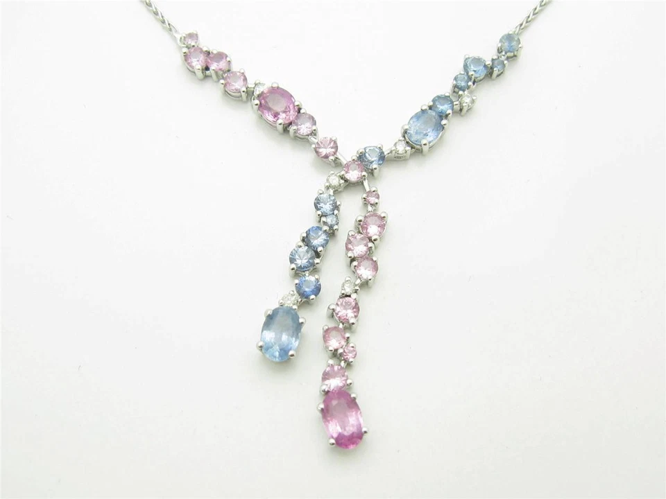 14kt White Gold Genuine White Diamond & Pink Sapphire Blue Topaz Necklace Gift