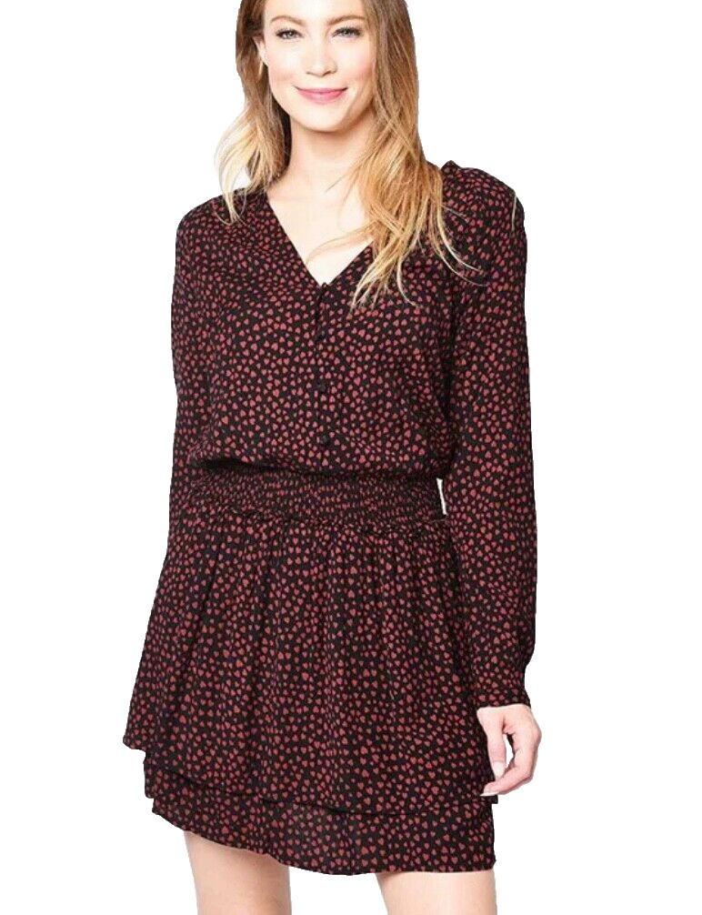 RAILS  Jasmine Enamoured Hearts Print Long Sleeve Smocked Waist Dress Size L