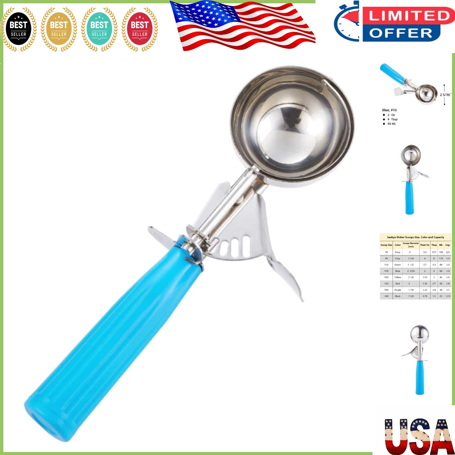 Ergonomic 2 oz Stainless Steel Portion Scoop with Blue Handle for Easy Control