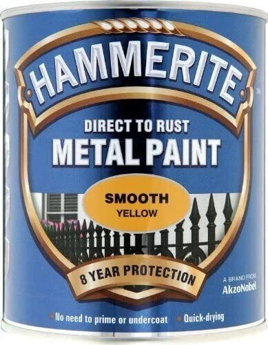 Hammerite Smooth Direct To Rust Metal Paint Quick Drying Yellow 750ml