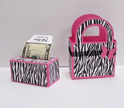 Money Roll Holder / Matching Gift Bag ZEBRA print on pink cardstock