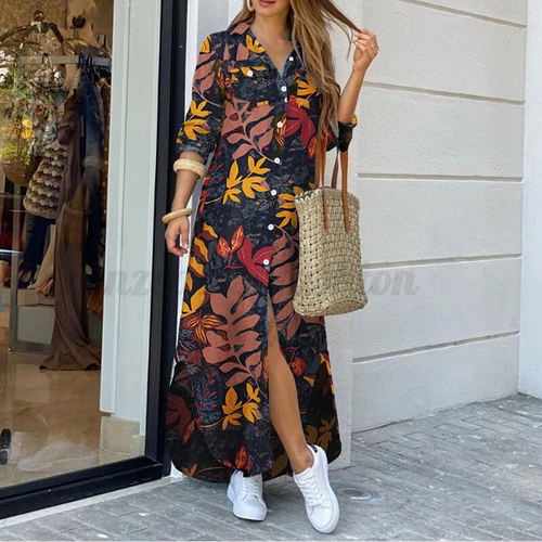 Damen Freizeit Kragen Langarm Shirt Kleid Blumen Knöpfe Lose Midikleid - Bild 28 von 46