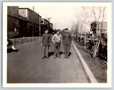 Vintage Photo - Three US Soldiers in Uniforms w Lot of Army Trucks
