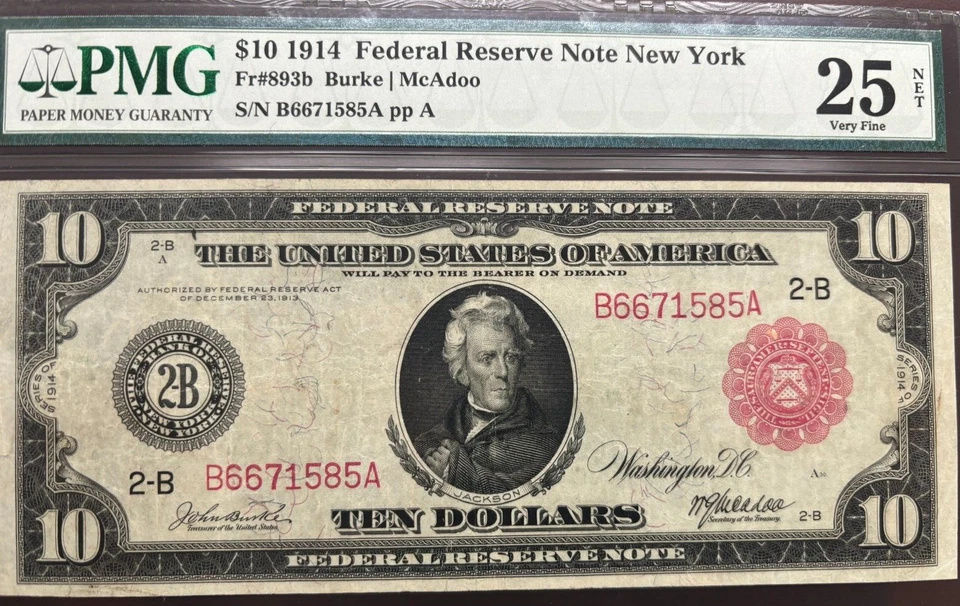 US 1914 $10 FRN New York District Red Seal FR 893b PMG 25 VF - Sharp & Colorful - Image 3 of 4