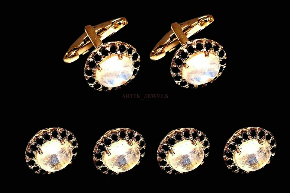 Botones y gemelos de esmoquin de plata de ley 925 con piedra lunar natural y espinela #2349 Foto 3 de 4