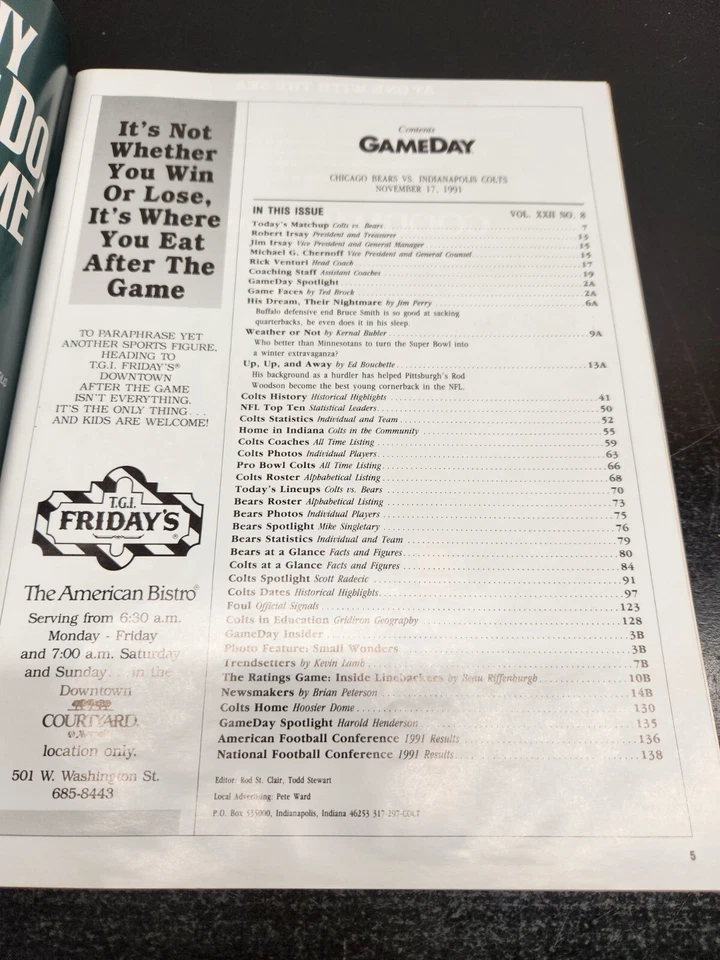 November 17, 1991 Indianapolis Colts Vs. Chicago Bears GameDay Program - Image 4 of 4