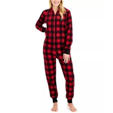 Family Pajamas Women Red Check Printed Lounge One Piece Hooded Pajama Size XS