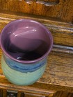 Hand Warmer Mug Neher 2015 Pottery Signed Left-Handed Purple Green Drip Glaze — photo 5