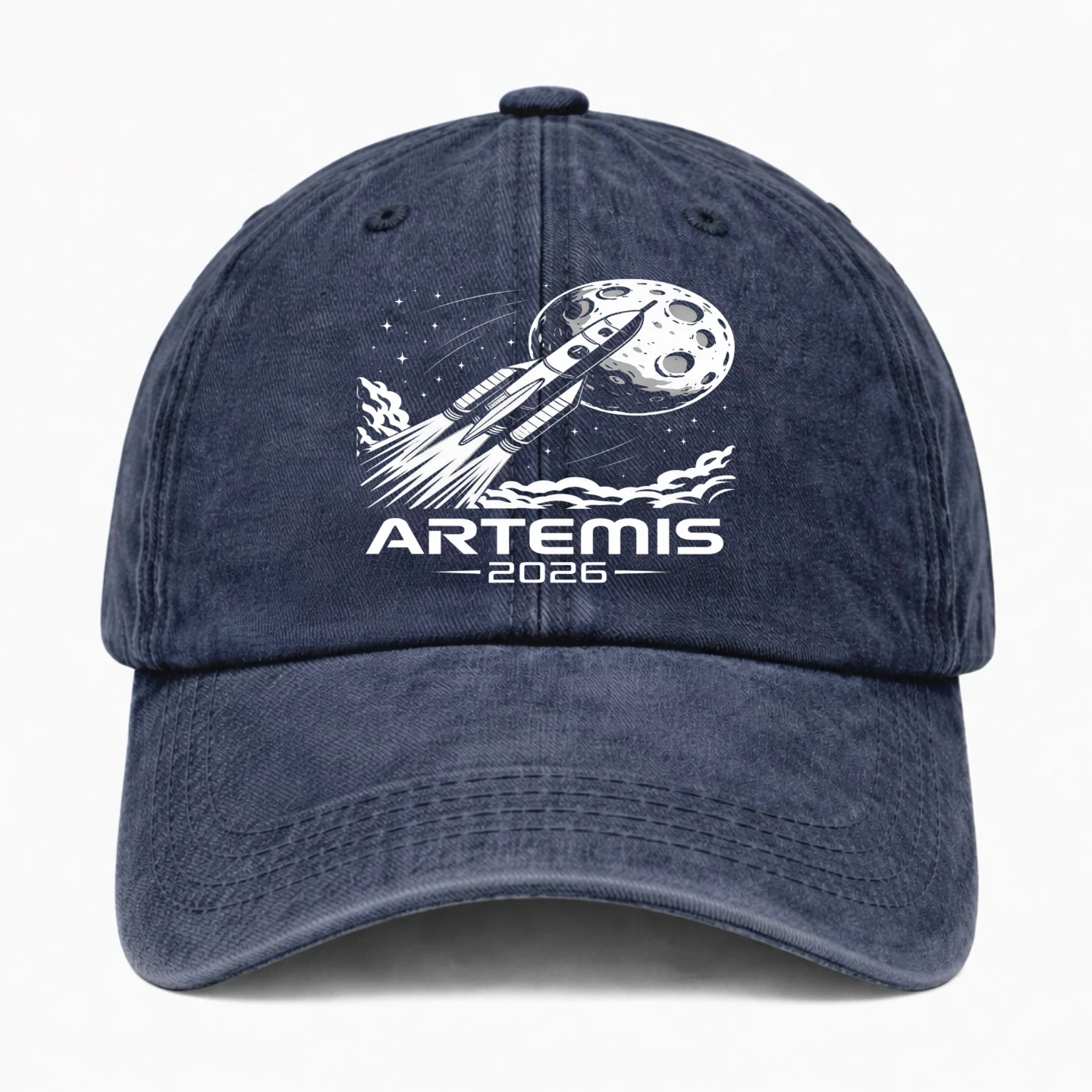 Artemis 2026 Washed Denim Baseball Cap Rocket Moon Space Dad Hat Adjustable USA
