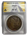 1892-S San Francisco Mint Morgan Silver Dollar certified by ANACS VG 10