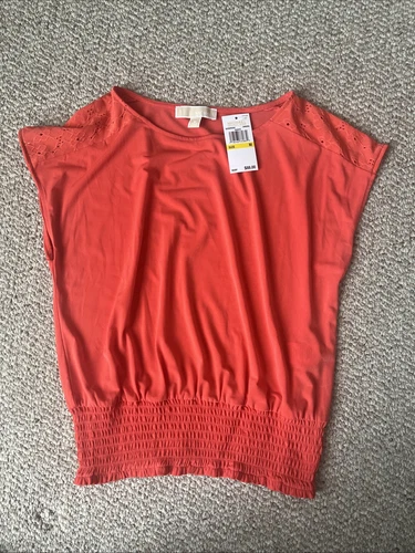 Top da donna nuovo con etichette Michael Kors Sangria vita smocked cappuccio manica taglia Med prezzo al dettaglio consigliato dal produttore $88 00