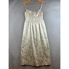 ASTR The Label Green Floral Smocked Satin Midi Dress Cream Blue Size M