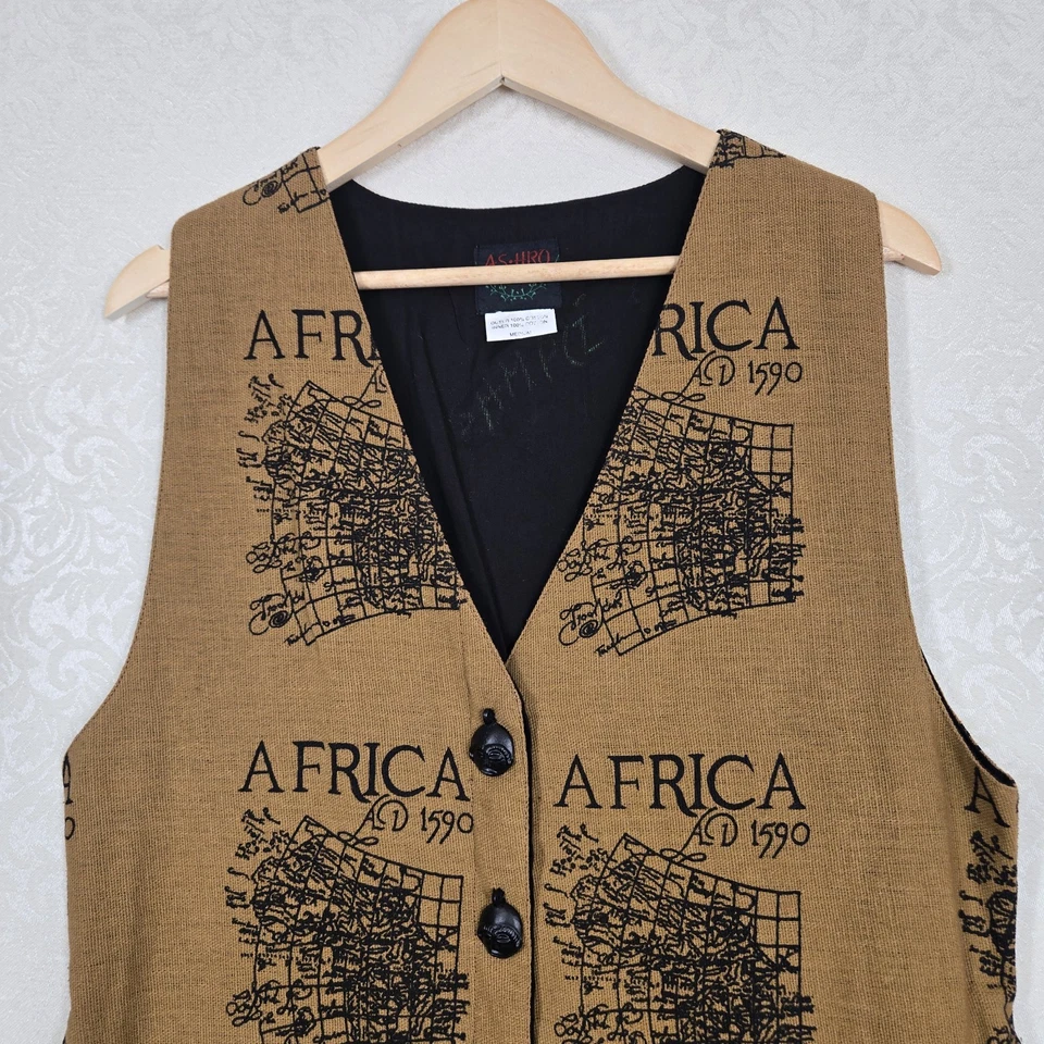 Chaleco de Colección Ashro África Estampado de Mapa Talla M Marrón Negro 100% Algodón Cinturón Ajustable Trasero Foto 2 de 4