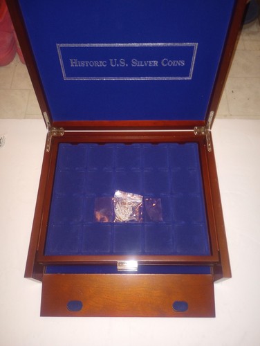 US Historic Silver Coin Wooden Storage Box, 3 Trays & Key