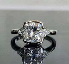 2.00 Ct Cushion Cut Moissanite Bezel Set Engagement Ring 14K White Gold Plated