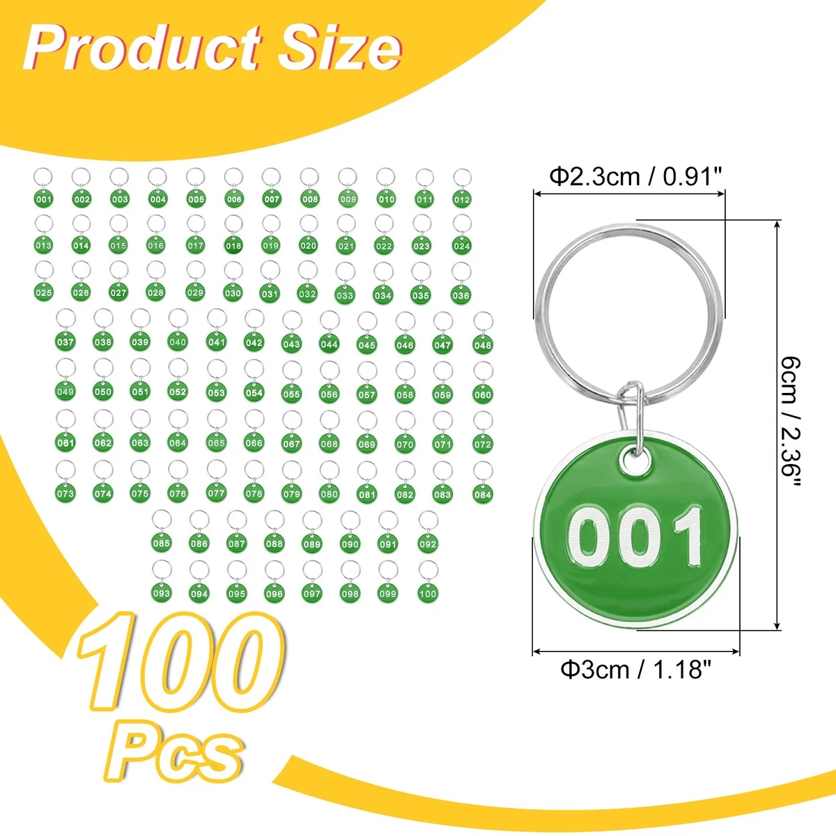 1-100 Number Tags 100Pcs Round ID Metal Numbered Key Tag Aluminum Marking Green