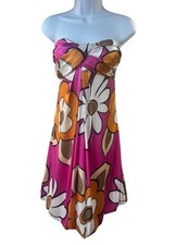 Vintage Cache Strapless Silk Dress Pink Orange Floral Print Vibrant Y2K Sz 12