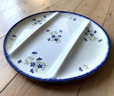 Vintage 1900 französischer Teller ''Creil Montereau Labrador Barbeau'' creme blau Blumen