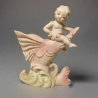 Vintage MCM Occupied Japan Bisque Angel Cherub Riding A Fish Miniature Planter