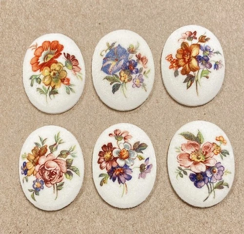 6 Vintage Flower Floral Textured Sand Sugar Frosted 40x30mm. Acrylic Cameos 122