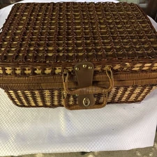 Vintage Wicker Woven Picnic Basket w/Accessories  18"x 12”x 7” Leather Strap
