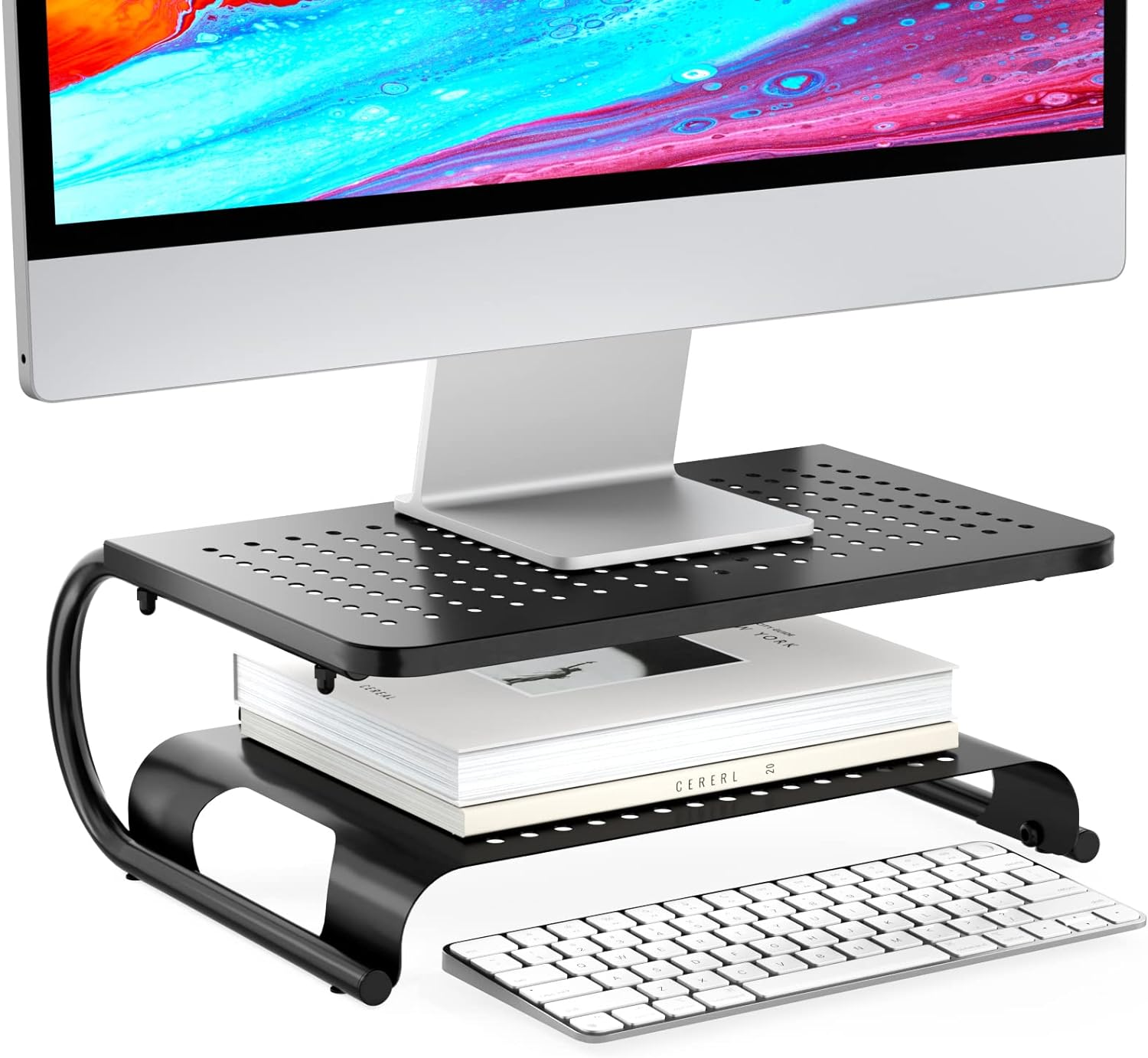 Monitor Stand Riser, Computer Desktop Stand Riser Holder, Vented Metal 2 Tier De-image