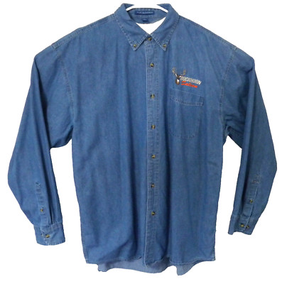 Port Authority Mens Denim Button Down Shirt Buckhorn Saloon Logo Long Sleeve 2XL