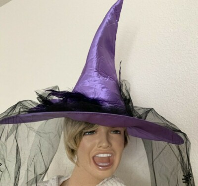 Purple Black Witch Wide Brim Hat with Veil Cap One Size Costume