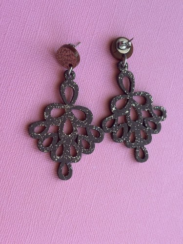 Light Dangle Earrings, Glittery Acrylic & Brown Wood, Surgical Steel Stud - Picture 3 of 3